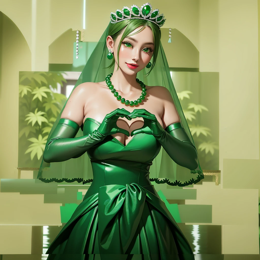 Emerald tiara, Green Pearl Necklace, ボーイッシュな非常に短いGreen Hair, Green Lips, Smiling Japanese woman, Very short hair, Busty beautiful lady, Green Eyes, Green satin long gloves, Green Eyes, Emerald Earrings, Green veil, Heart with both hands, Green Hair, Beautiful Japanese Woman, Heart shaped hands:1.3, green lip gloss