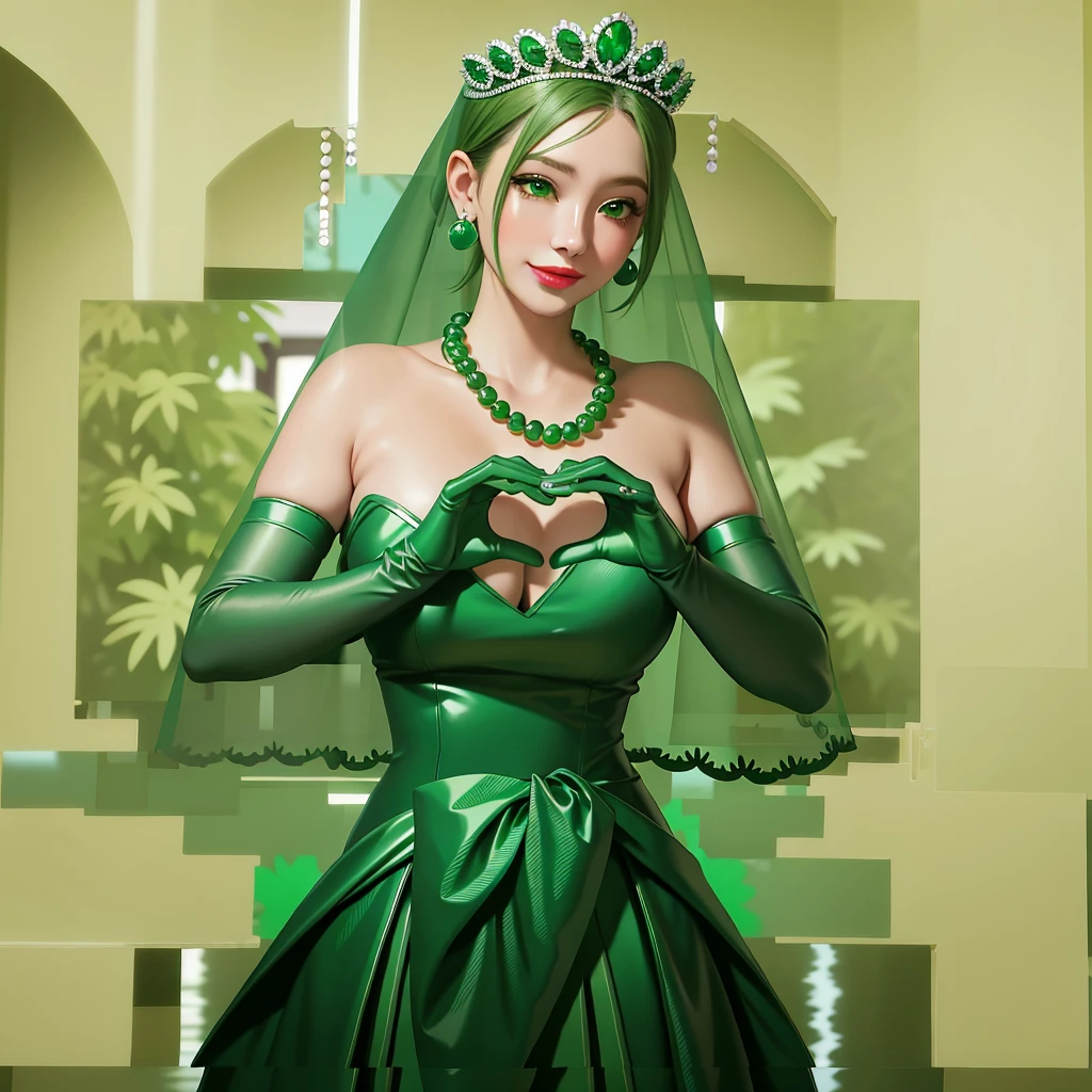 Emerald tiara, Green Pearl Necklace, ボーイッシュな非常に短いGreen Hair, Green Lips, Smiling Japanese woman, Very short hair, Busty beautiful lady, Green Eyes, Green satin long gloves, Green Eyes, Emerald Earrings, Green veil, Heart with both hands, Green Hair, Beautiful Japanese Woman, Heart shaped hands:1.3, green lip gloss