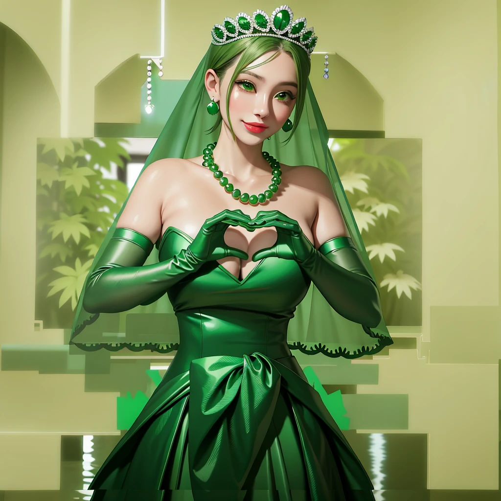 Emerald tiara, Green Pearl Necklace, ボーイッシュな非常に短いGreen Hair, Green Lips, Smiling Japanese woman, Very short hair, Busty beautiful lady, Green Eyes, Green satin long gloves, Green Eyes, Emerald Earrings, Green veil, Heart with both hands, Green Hair, Beautiful Japanese Woman, Heart shaped hands:1.3, green lip gloss