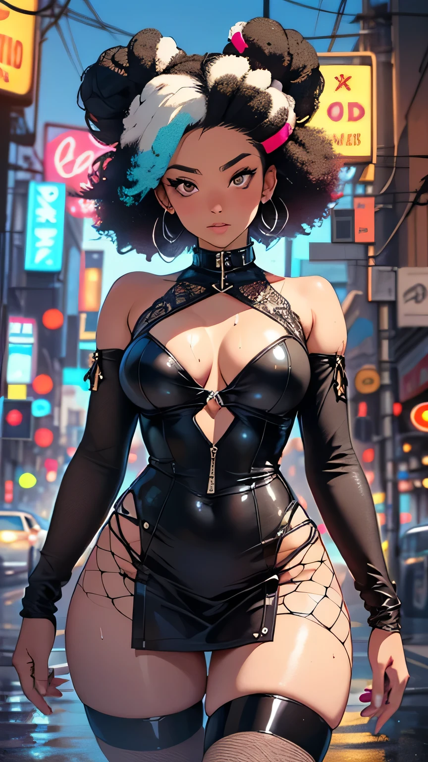 girl spacepunk,(((1girl))),((cute and beautiful afro haired girl)),((((black race)))), (large breasts:1.4),saggy breasts,(((( neon blue afro hair:1.35,((afro hair:1.35)),afrohair,afro:1.35,dark hair, neon blue hair,Double hair bun:1.3)))),medium hair,((heterochromia:1.5, (yellow_eye and red_eye))),intricate eyes,beautiful detailed eyes,symmetrical eyes,((fat)),((((tan,dark skin,black skin:1.35,dark-skinned_female,dark skin:1.3,ebony skin,lustrous skin:1.5,bright skin: 1.5,shiny skin,very shiny skin,shiny body,illuminated skin,wet legs)))),(spider lower abdomen,narrow waist,wide hip,athletic body,inflated legs),(((detailed face))), cute,slutty,sensual,seductive look,seductive,erotic,enchanting,((nsfw)), revealing clothing,show skin,(((neon green fishnet dress))),((slave collar)),(((wet clothes,intricate outfit,intricate clothes))), (dynamic pose:1.0),solo focus,embarrassed,(centered,scale to fit dimensions,Rule of thirds), cyberpunk city by the ocean at night, with bright neon signs and dark stormy clouds and puddles, scenery:1.25, artistic photography,(photography taken by sldr),highres, sharp focus, (ultra detailed, extremely detailed), (photorealistic artwork:1.37),(extremely detailed CG unity 8k wallpaper),((synthwave background theme)),(((vibrant colors))),(intricate background),(masterpiece),(best quality),