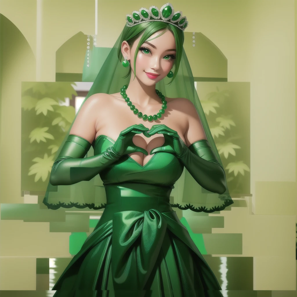 Emerald tiara, Green Pearl Necklace, ボーイッシュな非常に短いGreen Hair, Green Lips, Smiling Japanese woman, Very short hair, Busty beautiful lady, Green Eyes, Green satin long gloves, Green Eyes, Emerald Earrings, Green veil, Heart with both hands, Green Hair, Beautiful Japanese Woman, Heart shaped hands:1.3, green lip gloss