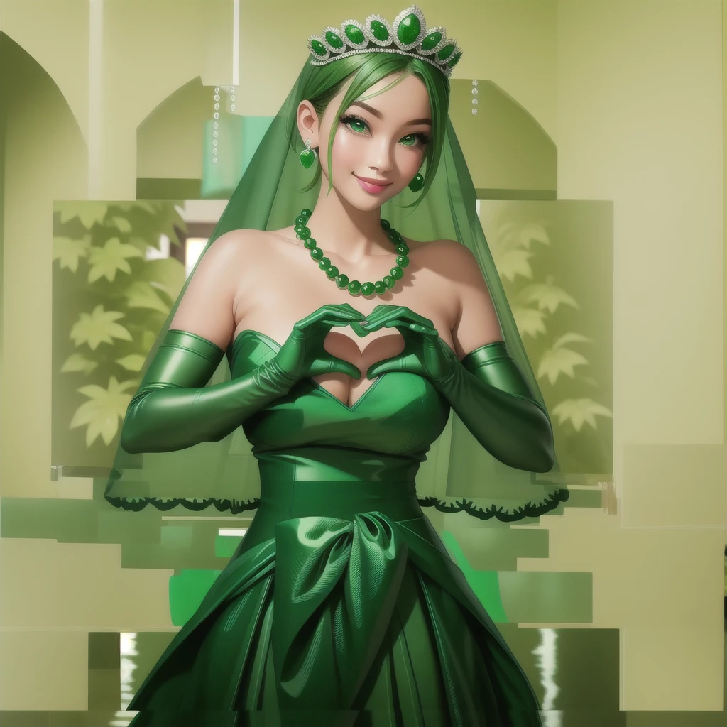 Emerald tiara, Green Pearl Necklace, ボーイッシュな非常に短いGreen Hair, Green Lips, Smiling Japanese woman, Very short hair, Busty beautiful lady, Green Eyes, Green satin long gloves, Green Eyes, Emerald Earrings, Green veil, Heart with both hands, Green Hair, Beautiful Japanese Woman, Heart shaped hands:1.3, green lip gloss