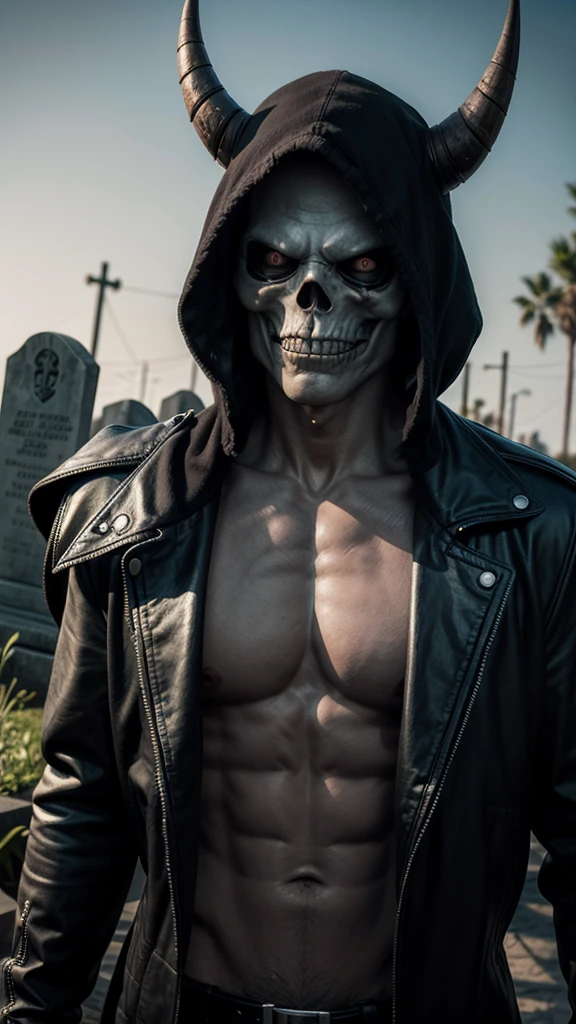skullish, horn on head, No eyes, black cloack, skeletor, apavorante, The background is a cemetery, com corpo inteiro de skeletor, serious face with a bone cane 