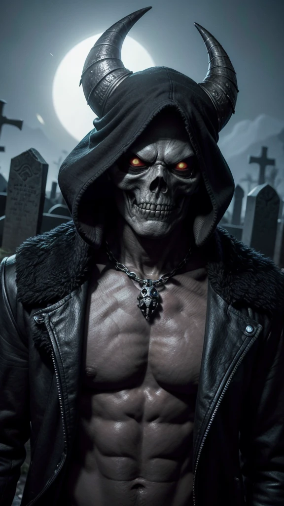 skullish, horn on head, No eyes, black cloack, skeletor, apavorante, The background is a cemetery, com corpo inteiro de skeletor, serious face with a bone cane 