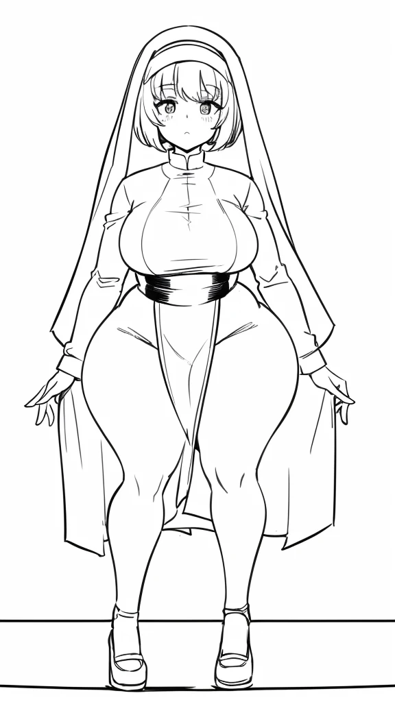 lineart, monochrome, a drawing of a nun with sexy pose, clean anime outlines, perfect lineart, clean lineart, extremely fine ink lineart, nun outfit, simple lineart, beautiful line art, anime style drawing, thick black lineart, black and white manga style, pin on anime