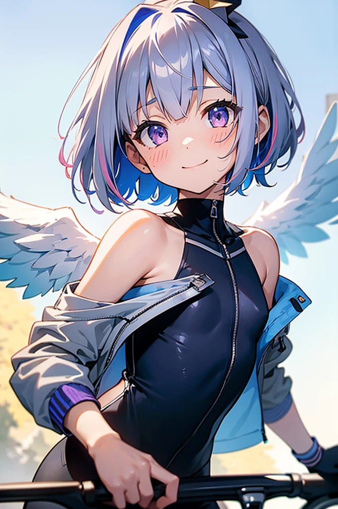 amane kanata, 1girl in, solo, Short hair, bangs, Simple background, Bow, Blue hair, Purple eyes, Jacket, Grey Hair, multicolored hair, wings, blue bow, bob cuts, Feathered wings, Asymmetrical hair, Angel wings, Colored inner hair, one white winged, single hair intake, Star Hello, Looking at Viewer, bangs, clavicle,flat chest,bicycle,rides a bike,from a,a towel,cute little,A smile,posterior view,Sweat from exercise, etc.,Bare shoulders、gloves,helmets