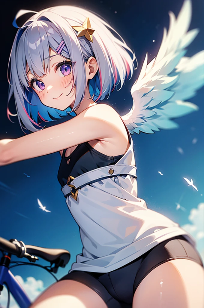 amane kanata, 1girl in, solo, Short hair, bangs, Simple background, Bow, Blue hair, Purple eyes, Jacket, Grey Hair, multicolored hair, wings, blue bow, bob cuts, Feathered wings, Asymmetrical hair, Angel wings, Colored inner hair, one white winged, single hair intake, Star Hello, Looking at Viewer, bangs, clavicle，flat chest，bicycle，rides a bike，from a，a towel，cute little，A smile，posterior view，Sweat from exercise, etc.，Bare shoulders、gloves，helmets