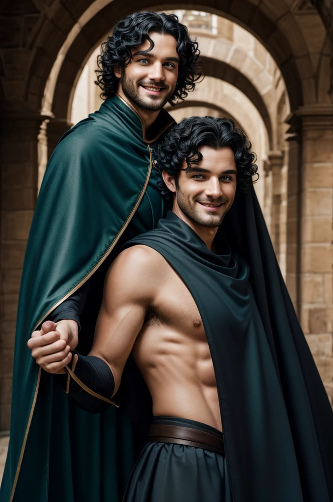 Make me a drawing man with blue eyes and curly black hair who wears an arch outfit with a large dark green cape on his back, he has a mischievous smile on his face