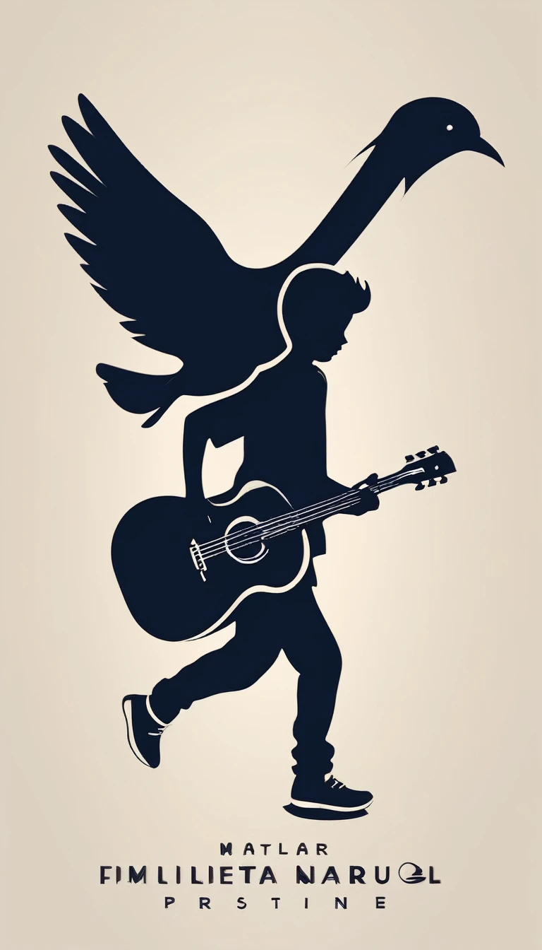 Create a modern, minimalistic logo design for a brand about music and movies. The logo must be in minimalistic style and convey a sense of storytelling. The logo is the silhouette of a boy and a bird. The boy is running with open arms, holding an acoustic guitar in the right hand and a bird feather in the left hand.