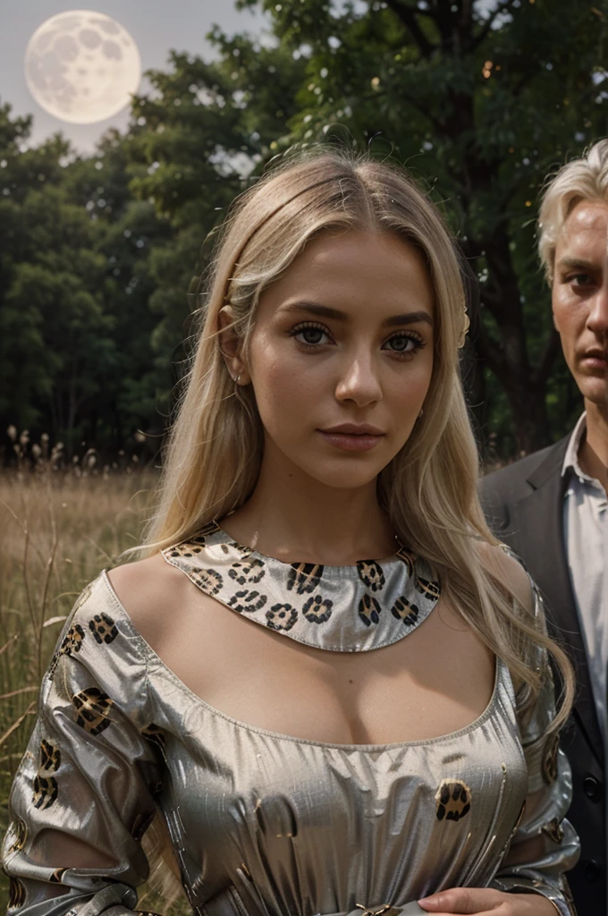 scenario: A clearing in a field of wild grass in the moonlight.
charachter: Esbian, a woman with short, soft platinum blonde hair, wearing a sensual transparent silk dress, adorned with leopard print details.
detaileds: She is accompanied by two leopards who surround her with confidence. His eyes are represented in detail, reflecting the moonlight, and your skin glows with a subtle glow.
