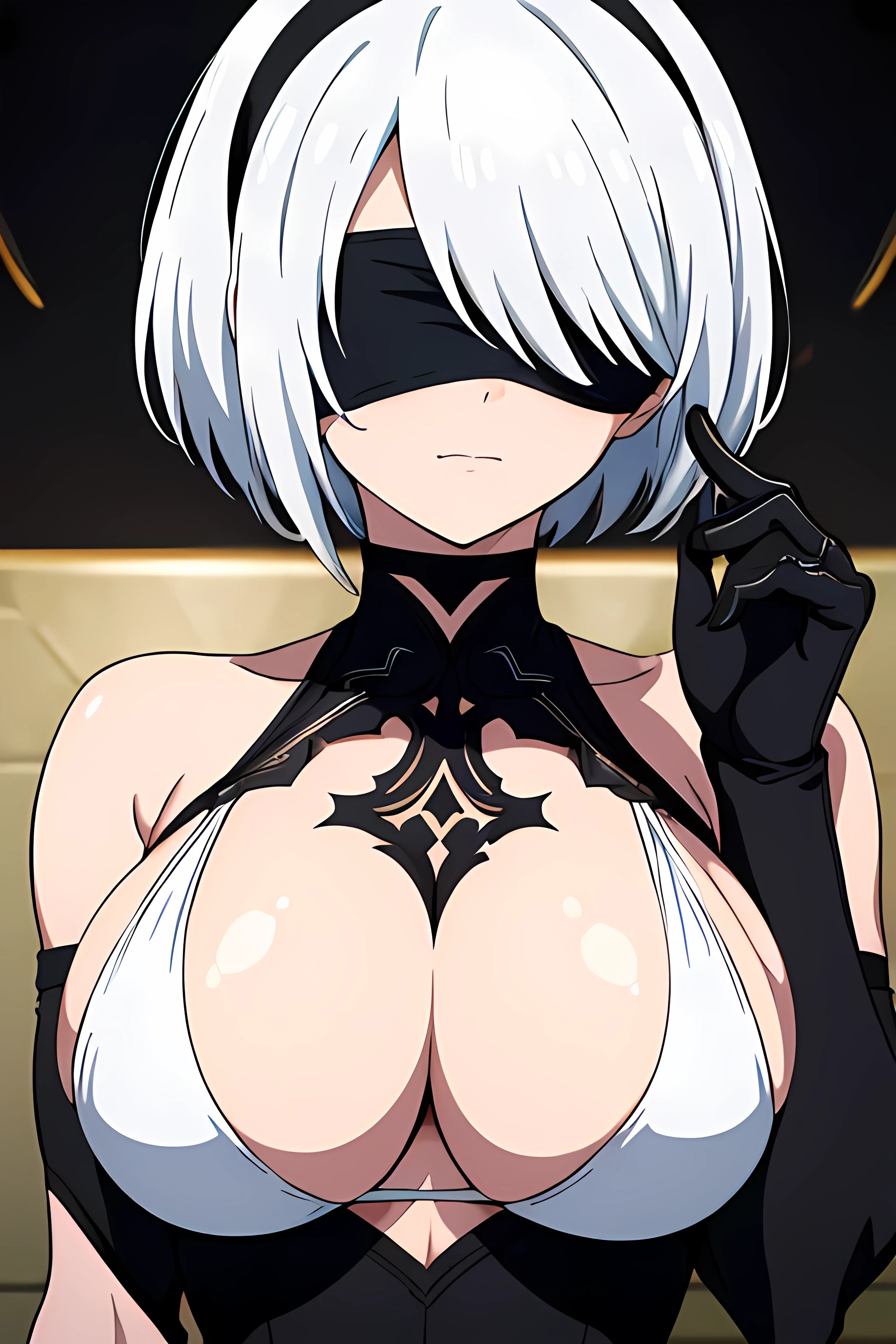 (masterpiece, best quality), intricate details, 8k, artstation, wallpaper, official art, splash art, sharp focus, 1girl, 2b, (black blindfold:1.5), black hairband, blindfold, hairband, short hair, white hair, white bikini, sexy, shining breasts, medium breasts, big breasts