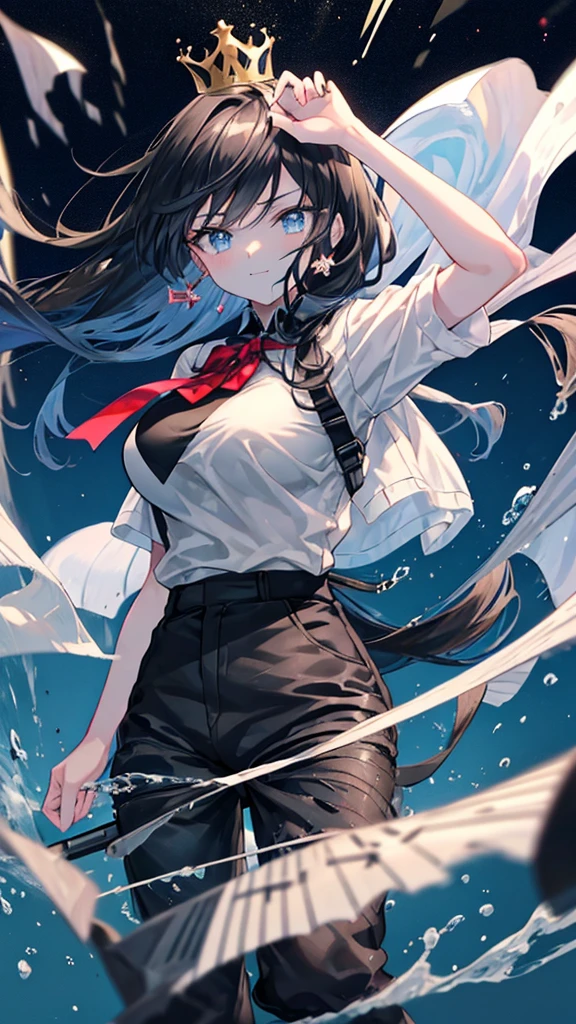 best quality, extremely detailed, anime style adult 1girl, long hair down to the waist, straight hair, ((dark black hair with bluish)),crown braid,beautiful detailed eyes, pinched eyes, dark blue eyes, huge breasts,curvy,(((racequeen clothing))),((((short trousers)))),Clothes with a lot of cloth area,light smile,((race course)),flag,animation cap,animated gif