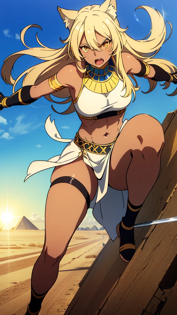 (1girl ,solo,20s,mature female),blonde hair,long hair,cat ears,yellow eyes,(((dark skin))),(Egypt, blue sky, sun),white egypt oufit,bare shoulders,looking at view,angry,open mouth, battle, battle pose, attacking with sword