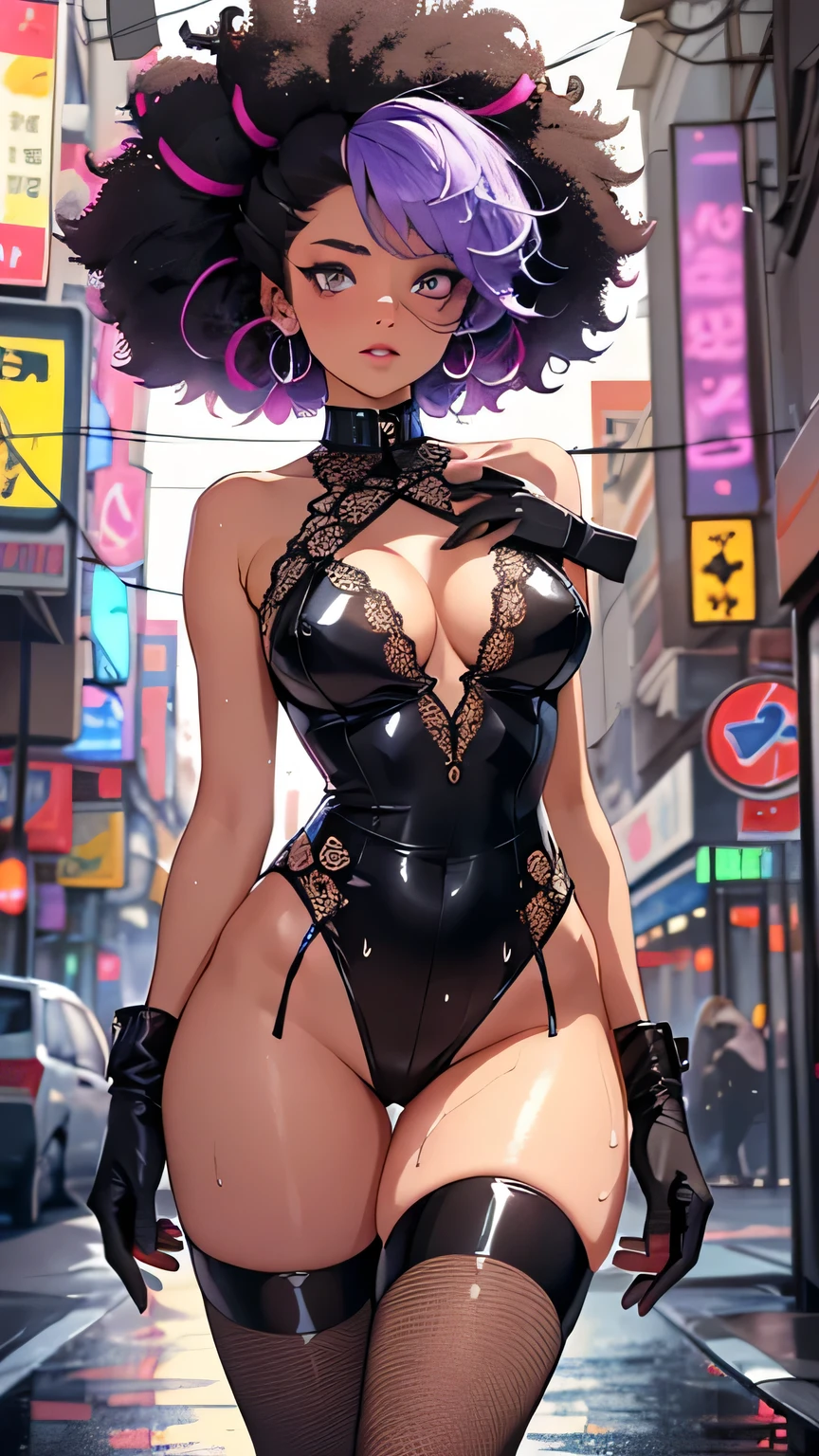 girl spacepunk,(((1girl))),((cute and beautiful afro haired girl)),((((black race)))), (large breasts:1.4),saggy breasts,(((( neon purple afro hair:1.35,((afro hair:1.35)),afrohair,afro:1.35,dark hair, neon purple hair, Double hair bun:1.3)))),medium hair,((heterochromia:1.5, (yellow_eye and red_eye))),intricate eyes, beautiful detailed eyes, symmetrical eyes,((fat)),((((tan,dark skin,black skin:1.35,dark-skinned_female,dark skin:1.3,ebony skin, lustrous skin:1.5,bright skin: 1.5,shiny skin, very shiny skin,shiny body, illuminated skin, wet legs)))),(spider lower abdomen, narrow waist, wide hip, athletic body, inflated legs),(((detailed face))), cute,slutty, sensual, seductive look,seductive, erotic, enchanting,((nsfw)), revealing clothing, show skin,(((neon green fishnet dress))),((slave collar)),(((wet clothes, intricate outfit, intricate clothes))), (dynamic pose:1.0),solo focus, embarrassed,(centered,scale to fit dimensions,Rule of thirds), cyberpunk city by the ocean at night, with bright neon signs and dark stormy clouds and puddles, scenery:1.25, artistic photography,(photography taken by sldr),highres, sharp focus, (ultra detailed, extremely detailed), (photorealistic artwork:1.37),(extremely detailed CG unity 8k wallpaper),((synthwave background theme)),(((vibrant colors))),(intricate background),(masterpiece),(best quality),