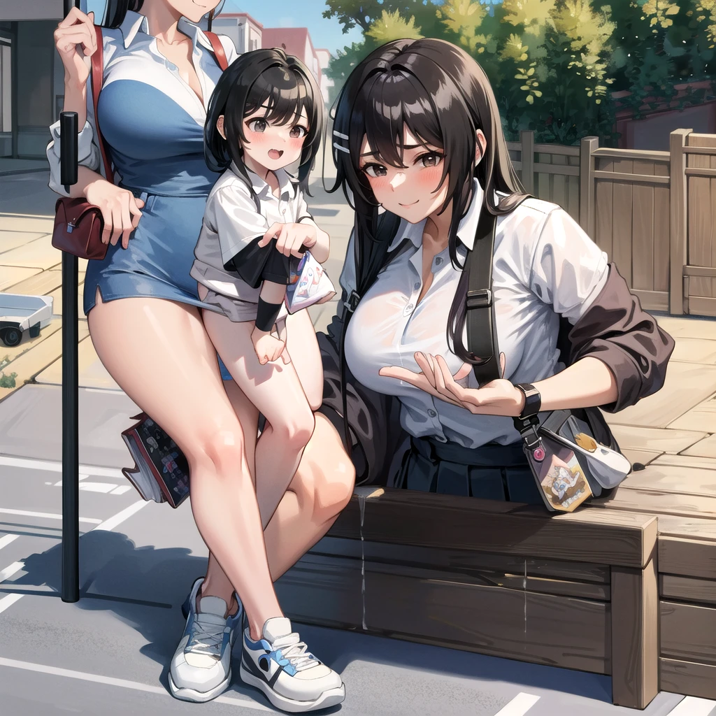 ((best quality)),((masterpiece)),(details),one girl,sexy((best quality)),((masterpiece)),(details),one girl,sexy((best quality)),((masterpiece)),(details),one girl,full body,sexy expensive body,expensive,long legs,mature woman,taller than any building,100 meter tall mature,grabbing a dwarf,grabbing a dwarf,girl taller than a building，huge maiden adult in sneakers,it_nagatoro_main,hayase nagatoro,one girl,blushing,alone,uniform polo shirt,black hair,bag,brown eyes,hair accessory,looking at viewer,hair clip,outdoors,backpack,smiling,long hair,black skinned woman,black skin,,bangs,daytime,skirt,collared shirt,collarbone,ear clip,mouth closed,tree,asymmetrical bangs,upper body