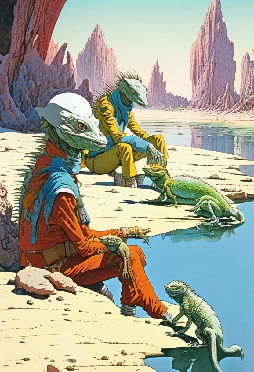 Mobis (Jean Giraud) Style - A picture by Jean Giraud Mobis, The picture shows a group of lizard people resting by the water, Huge white rib background，western backdrop in Mobis' signature style with sharp detailing and vibrant colors. Shot with Panavision Panaflex Gold II and Ultra Panavision 70 lenses, The image is full of film grain and low-key lighting，It creates a mysterious and tense atmosphere.