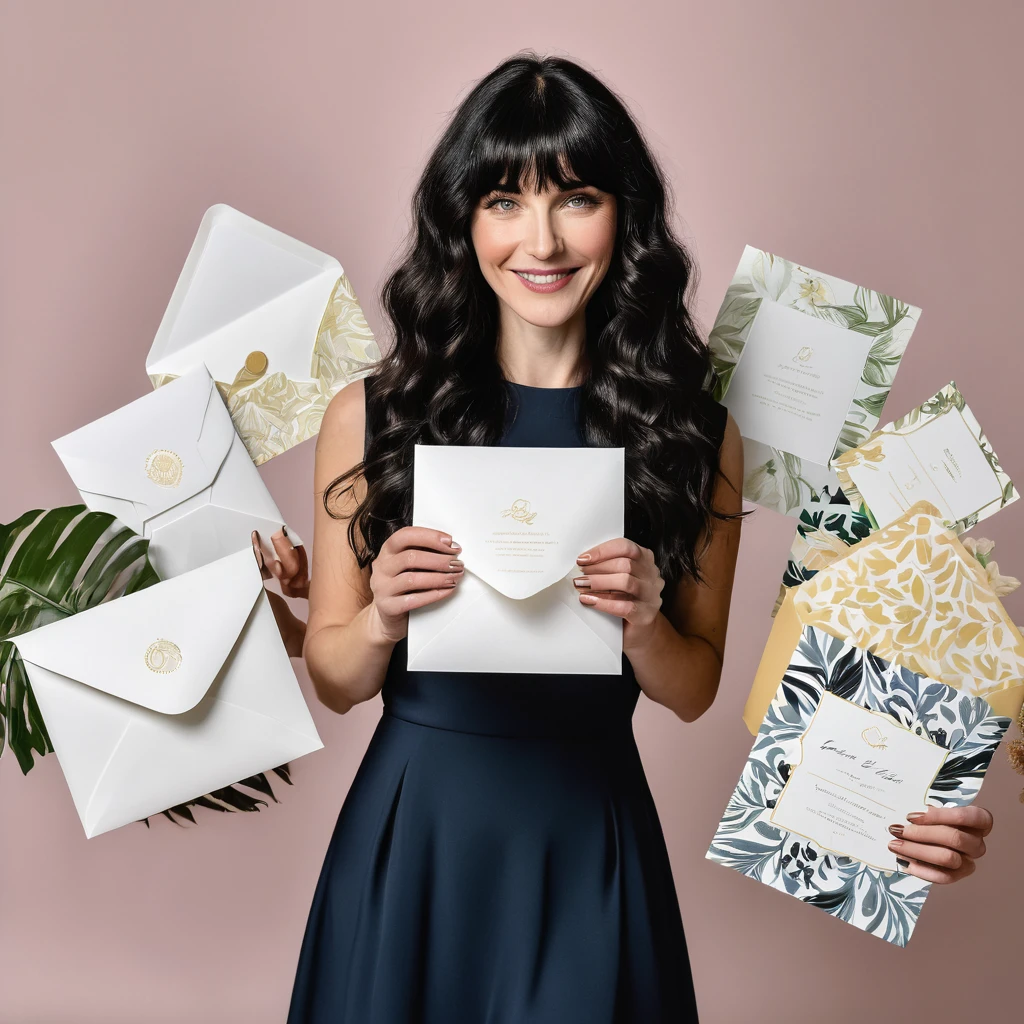 A white woman with long, black, wavy hair and short bangs. She creates custom invitations and stationery for weddings. She offers this service to couples who want a personalized wedding. She is holding and showing different models of invitations, envelopes and wedding related things.