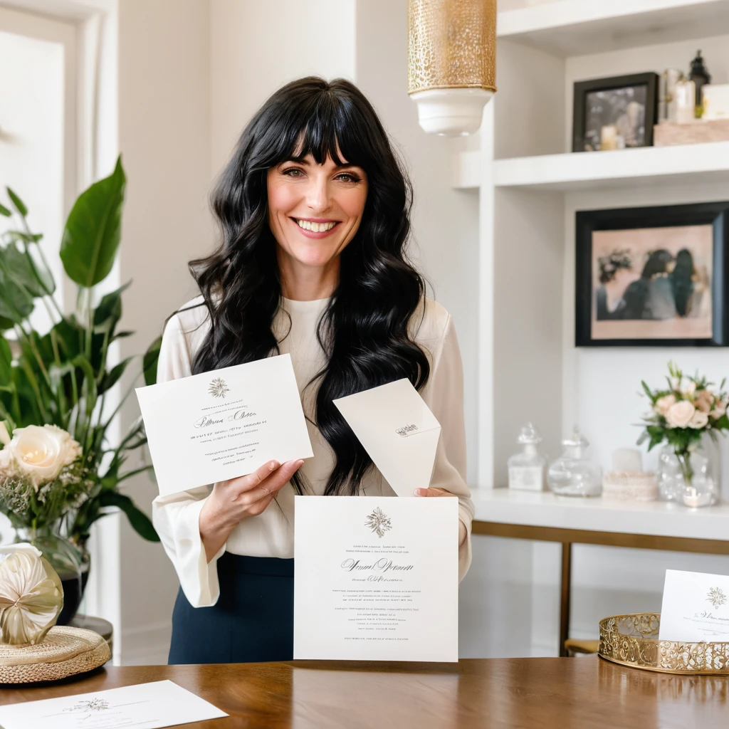 A white woman with long, black, wavy hair and short bangs. She creates custom invitations and stationery for weddings. She offers this service to couples who want a personalized wedding. She is holding and showing different models of invitations, envelopes and wedding related things.