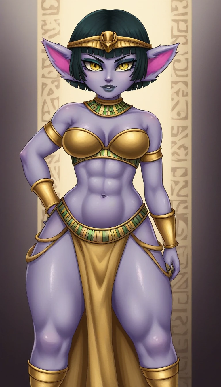 TristanaLoLXL, yordle, yellow eyes, pointy ears, black fur, short hair, purple skin, colored skin. medium breasts, belly button, caveman clothing, cleopatra's clothes, cleopatra hair, singing
