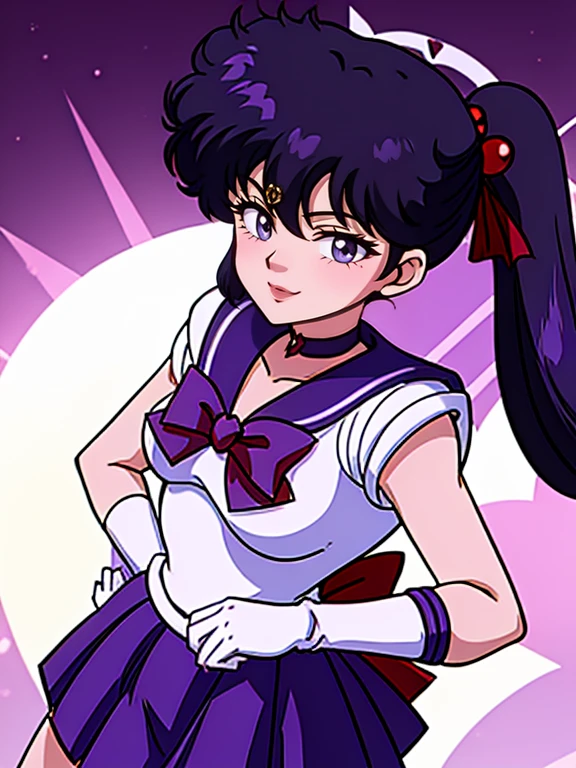 kodachi kuno ,sidetale, sailor senshi uniform, purple skirt,, tiara, purple sailor collar, red bow, purple choker, white gloves, jewelry, smile