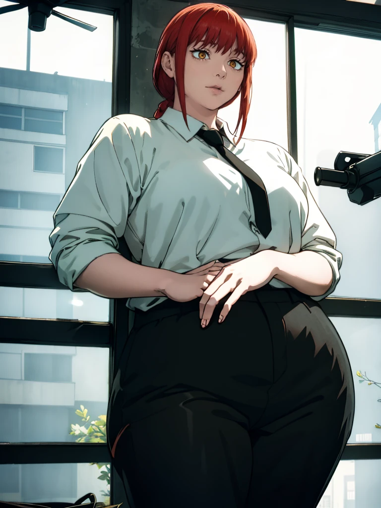 Le personnage Makima de la série animée Chainsaw Man, fragile, obésité morbide, ssbbw, pleine longueur (corps entier 1.1.), fond sombre, obscurité, anatomie correcte 1.1, anatomie correcte de la main, Très féminin, corps gras et rond, grosses Jambes, fesses, beau corps obèse, ventre rond et mou très gras, cheveux roux, Yeux oranges, Cercles rouges pour les écoliers, chemise blanche, jupe noire, cravate noire, pose sexy, réaliste, very détaillé, beau corps, détaillé body, détaillé hands, détaillé, vibrant, détaillé Face, Conception des personnages de Makima. very détaillé, détaillé body, détaillé hands, détaillé Face, Art animé, Hugh Détails, Visage très abattu, détaillé eyes, Illustration ultra fine, Meilleure ombre, détail fin, beautiful détaillé glow, beautiful détaillé, Extraordinairement beau, extremely détaillé, inexpressif, composition épique, Style animé. art animé, Style animé. Jupe noire, chemise blanche, cravatte, pose sexy