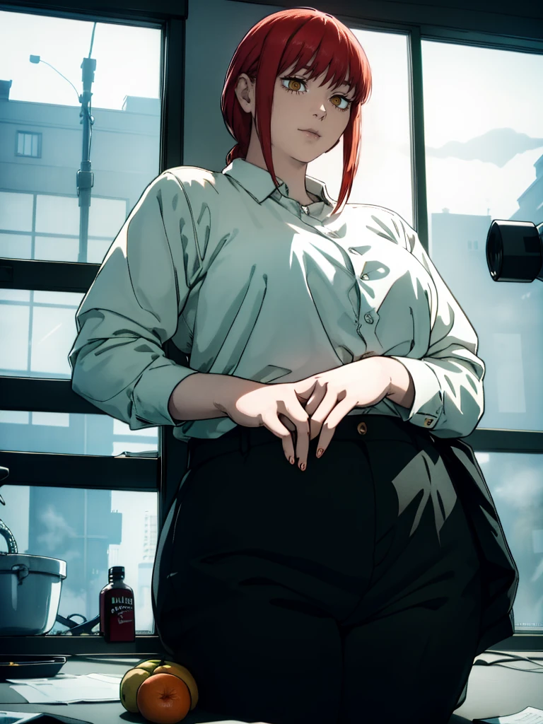 Le personnage Makima de la série animée Chainsaw Man, fragile, obésité morbide, ssbbw, pleine longueur (corps entier 1.1.), fond sombre, obscurité, anatomie correcte 1.1, anatomie correcte de la main, Très féminin, corps gras et rond, grosses Jambes, fesses, beau corps obèse, ventre rond et mou très gras, cheveux roux, Yeux oranges, Cercles rouges pour les écoliers, chemise blanche, jupe noire, cravate noire, pose sexy, réaliste, very détaillé, beau corps, détaillé body, détaillé hands, détaillé, vibrant, détaillé Face, Conception des personnages de Makima. very détaillé, détaillé body, détaillé hands, détaillé Face, Art animé, Hugh Détails, Visage très abattu, détaillé eyes, Illustration ultra fine, Meilleure ombre, détail fin, beautiful détaillé glow, beautiful détaillé, Extraordinairement beau, extremely détaillé, inexpressif, composition épique, Style animé. art animé, Style animé. Jupe noire, chemise blanche, cravatte, pose sexy