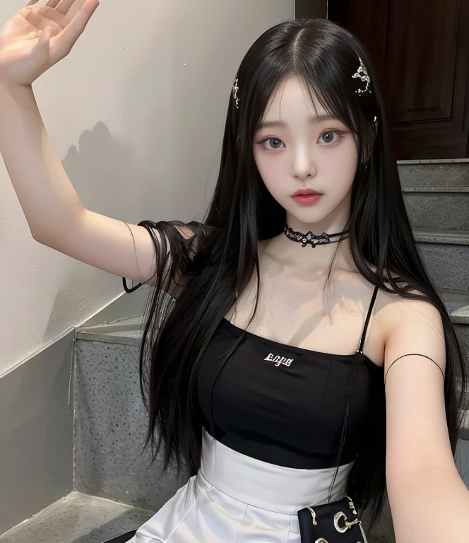 Araffe woman sitting on stairs with arms outstretched., cruel korean gothic girl, dilraba dilmurat, Full Body Xianxia, jossi de blackpink, Jisoo from Blackpink, portrait of jossi de blackpink, Xision Wu, Jisoo from Blackpink, jinyoung shin, korean idol, beautiful dolphin, cai xukun