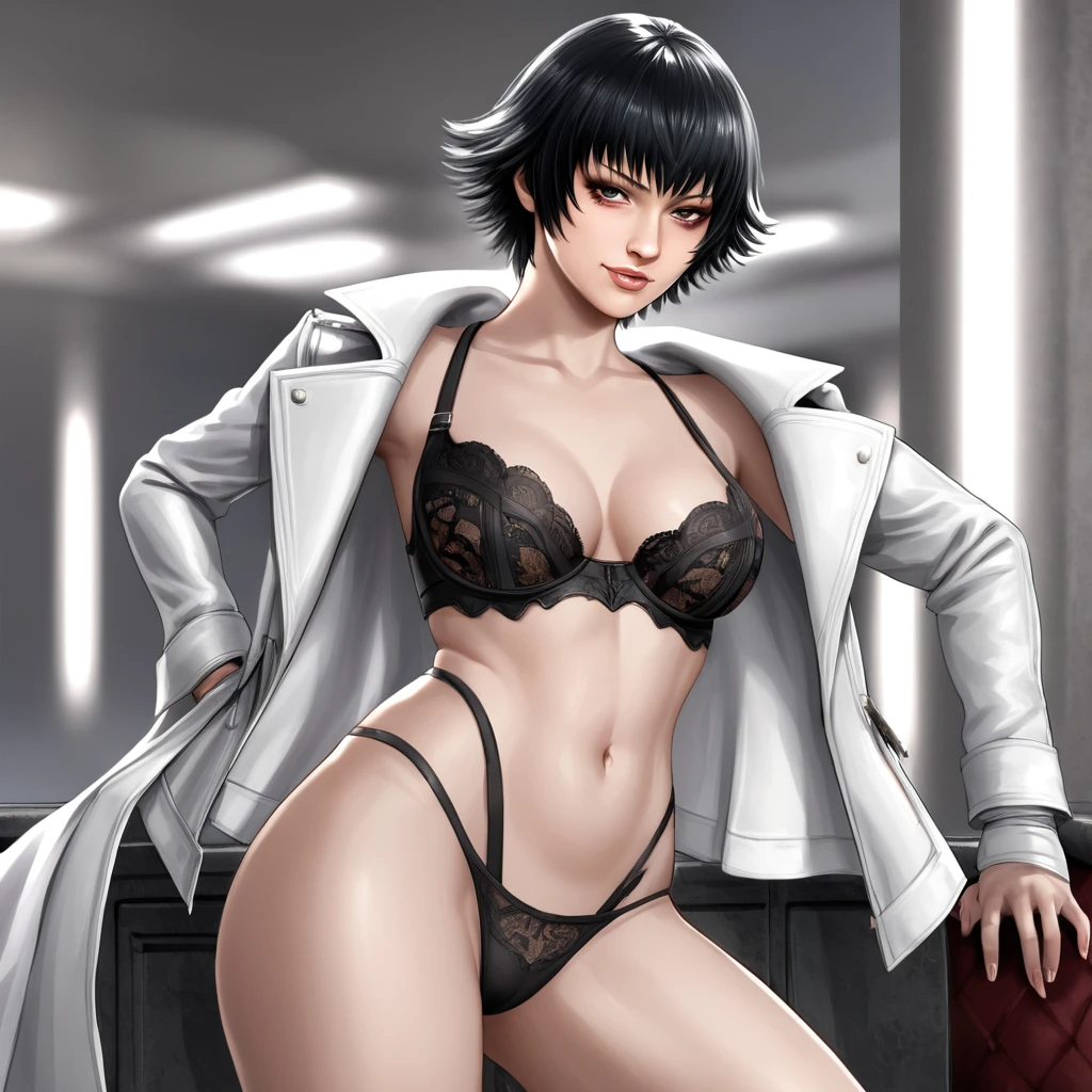 rating_explicit, lady (from devil may cry 5:1.1), short black hair, white jacket, black panties
