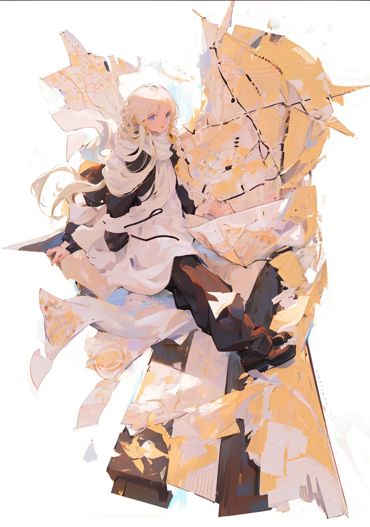 Man, blond hair, long braided hair, black clothes, white scarf, holding a map
, floating, white hair