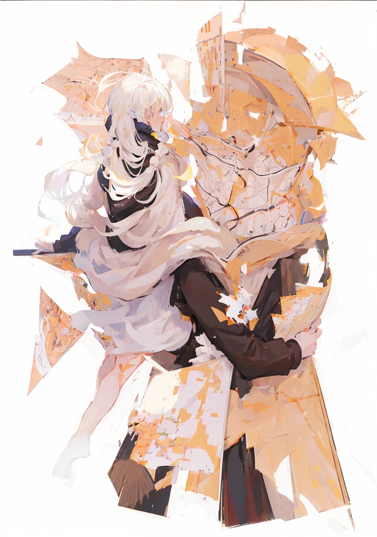 Man, blond hair, long braided hair, black clothes, white scarf, holding a map

, floating, white hair