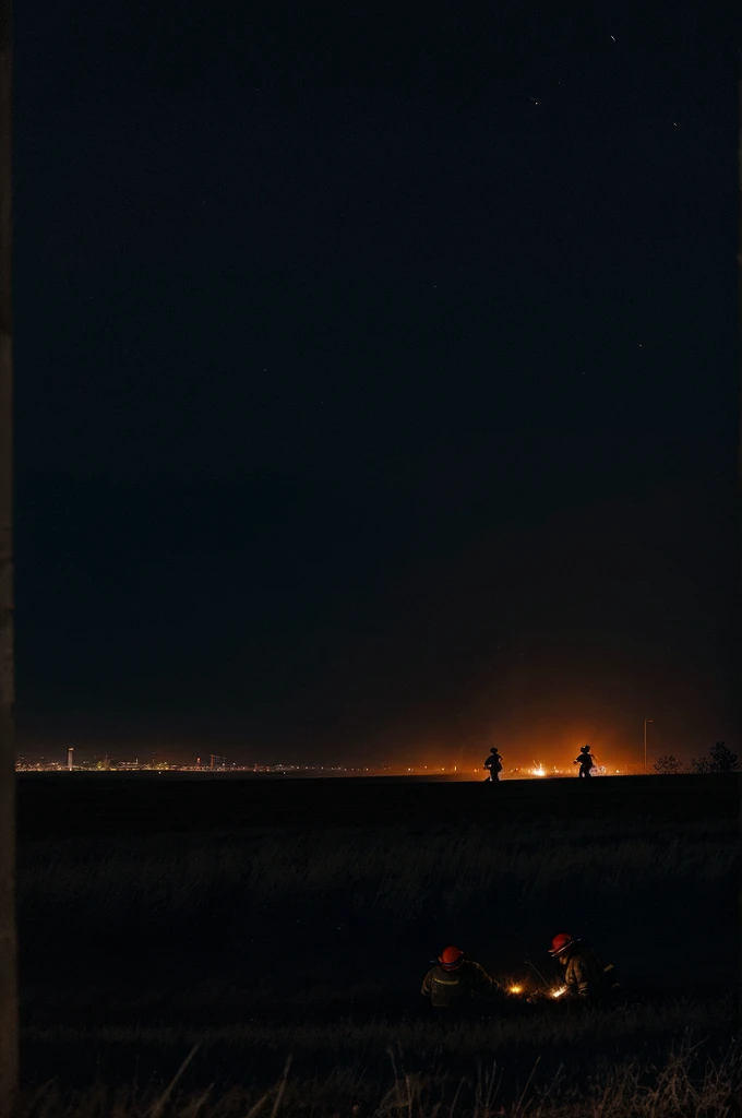 It's nighttime. Two firefighters are burying something in a field. Their faces are obscured by darkness, making them barely visible. The scene is eerie and mysterious, with only the dim glow of distant city lights illuminating the surroundings."