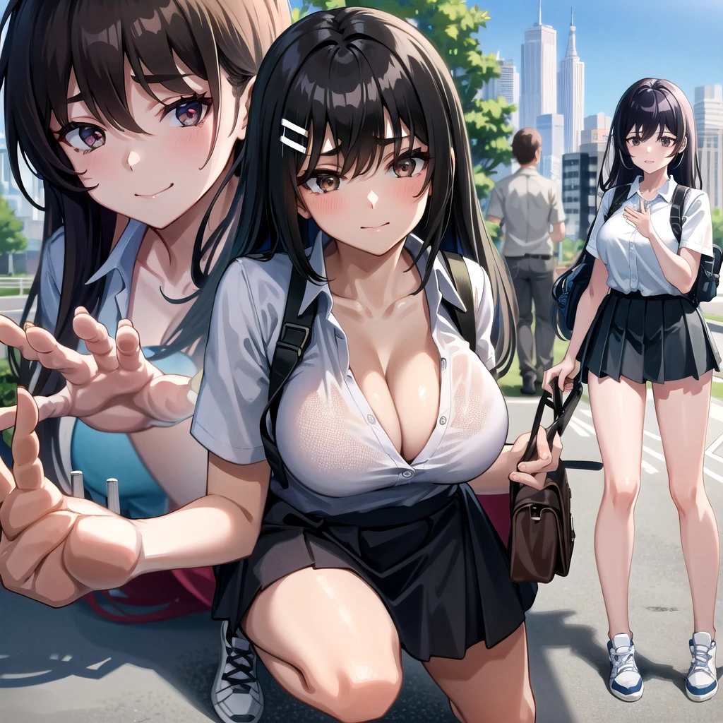 ((best quality)),((masterpiece)),(details),one girl,sexy((best quality)),((masterpiece)),(details),one girl,sexy((best quality)),((masterpiece)),(details),one girl,full body,sexy expensive body,expensive,long legs,mature woman,taller than any building,100 meter tall mature,grabbing a dwarf,grabbing a dwarf,girl taller than a building,huge maiden adult in sneakers,it_nagatoro_main,hayase nagatoro,one girl,blushing,alone,uniform polo shirt,black hair,bag,brown eyes,hair accessory,looking at viewer,hair clip,outdoors,backpack,smiling,long hair,black skinned woman,black skin,,bangs,daytime,skirt,collared shirt,collarbone,ear clip,mouth closed,tree,asymmetrical bangs,upper body