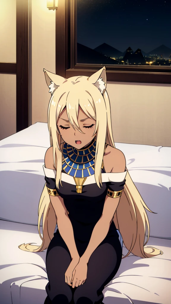 (1girl ,solo,20s,mature female),blonde hair,long hair,cat ears,closed eyes,(((dark skin))),(Egypt,night),white oufit,bare shoulders,looking at view,sitting on bed, one eye closed, open mouth, separated lips, sleepy, squeans,sleep