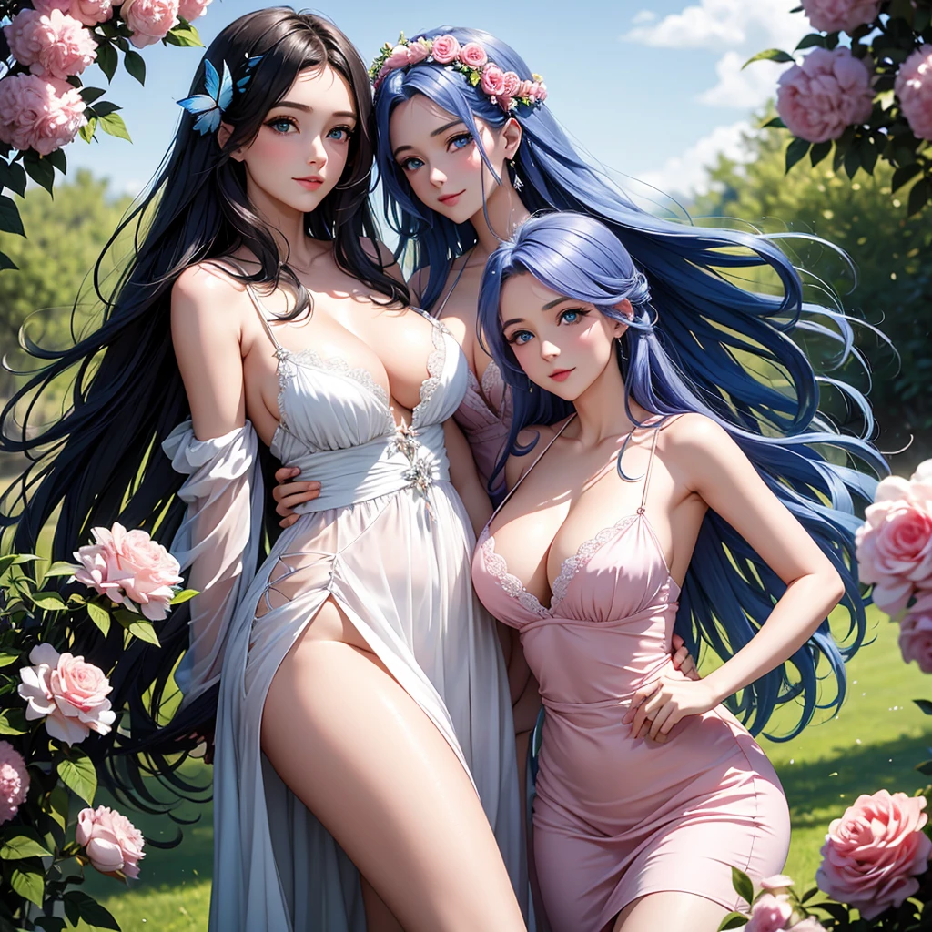 trois belle déesse, 22 ans, les trois graces, peau brillante cheveux rose vif. ailes de papillon sur le dos, yeux bleu clair détaillés gros seins de haute qualité. décolleté vêtements asiatiques et grecs. sourire, des ailes de papillon sortent de son dos