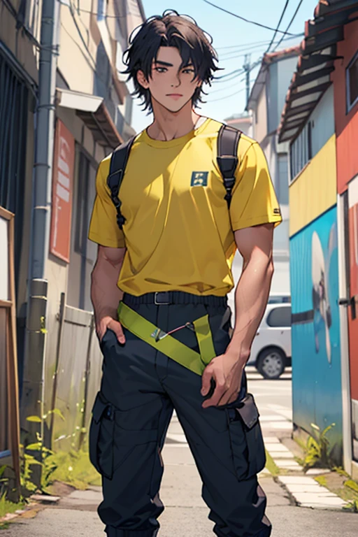 ((best qualityer)), ((work of art)), (detailded),boy with medium hair, short sleeves and cargo pants