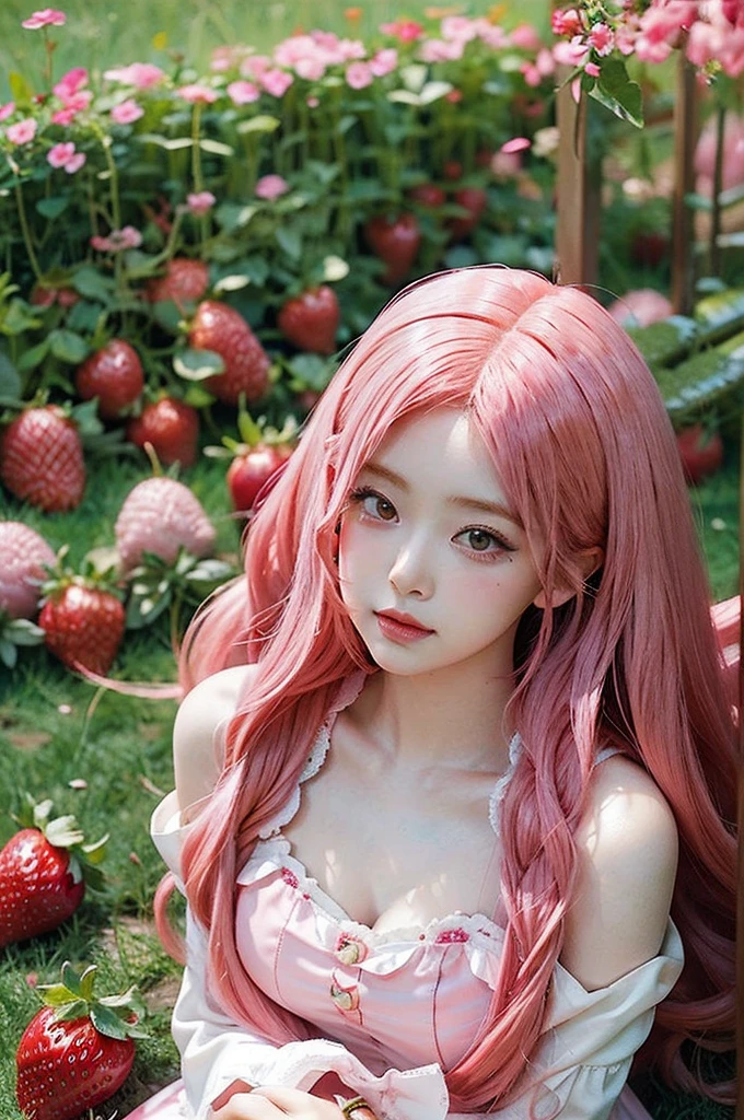 Pink-haired common girl sitting in a field of strawberries, Belle Delphine, Red wig, Anime girl cosplay, Anime barbie doll, Anime girl in real life, featuring.faircore, Beautiful anime style, Curly pink hair, Long flowing pink hair, Pink and red color pattern, Kawaii hair style, anime cosplay, Beautiful pink little strange girl, With curly red hair