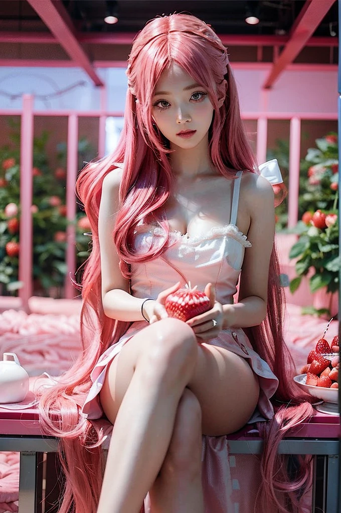 Pink-haired common girl sitting in a field of strawberries, Belle Delphine, Red wig, Anime girl cosplay, Anime barbie doll, Anime girl in real life, featuring.faircore, Beautiful anime style, Curly pink hair, Long flowing pink hair, Pink and red color pattern, Kawaii hair style, anime cosplay, Beautiful pink  strange girl, With curly red hair