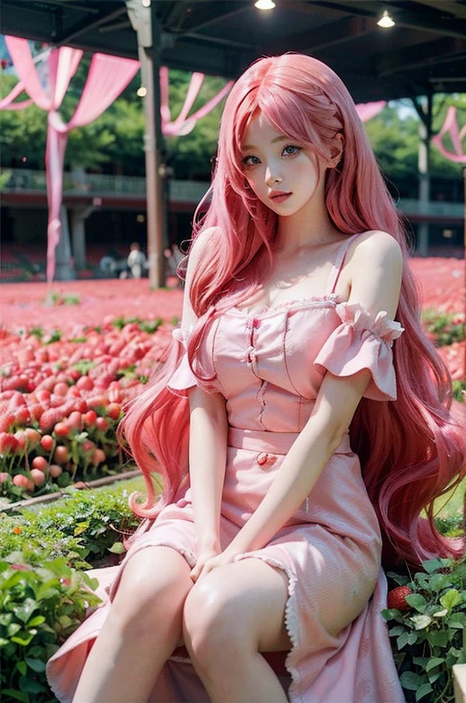 Pink-haired common girl sitting in a field of strawberries, Belle Delphine, Red wig, Anime girl cosplay, Anime barbie doll, Anime girl in real life, featuring.faircore, Beautiful anime style, Curly pink hair, Long flowing pink hair, Pink and red color pattern, Kawaii hair style, anime cosplay, Beautiful pink little strange girl, With curly red hair