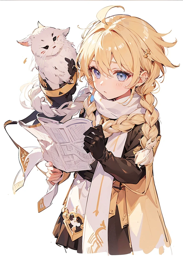 Man, blond hair, long braided hair, black clothes, white scarf, holding a map
, floating, white hair