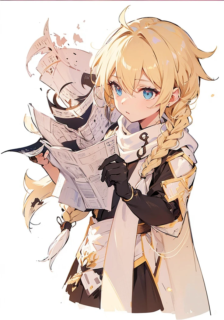 Man, blond hair, long braided hair, black clothes, white scarf, holding a map

, floating, white hair