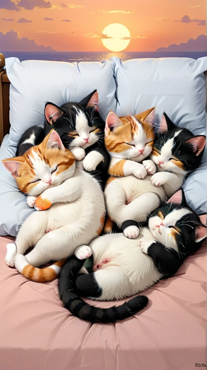 With the sunset in the background,(masterpiece:1.2, high quality), Five calico kittens sleeping together in bed、