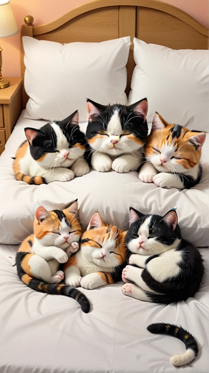 With the sunset in the background,(masterpiece:1.2, high quality), Five calico kittens sleeping together in bed、