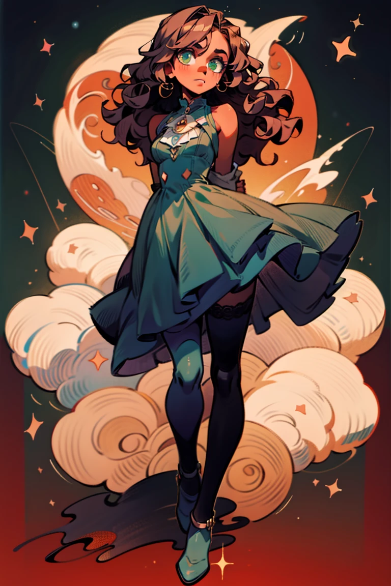 masterpiece, absurdres, 1girl, cowboyshot, tachi-e, mature woman, best aesthetics, medium breasts, wide hips, thick thighs, dark hair, narrow eyes, dark skin, ankle-length dress, arched nose, soft shading, very detailed face, clean lines, dynamic pose, anatomically correct, hyperdetailed, beautiful lighting, dark atmosphere, dark eyeshadow, good makeup, detailed hair, green eyes, sparkling eyes, telescope, magic, fantasy, medieval, high fantasy, black stockings, comfy, cozy, tareme, medium chest, SFW, long dress, arms behind back, outdoors, constellations in sky, stargazing, extremely curly hair, BC shape hair strand, closed wavy hair, kinky hair, african, adult woman, hourglass figure