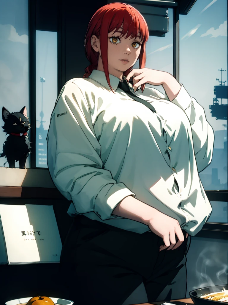 Le personnage Makima de la série animée Chainsaw Man, fragile, obésité morbide, ssbbw, pleine longueur (corps entier 1.1.), fond sombre, obscurité, anatomie correcte 1.1, anatomie correcte de la main, Très féminin, corps gras et rond, grosses Jambes, fesses, beau corps obèse, ventre rond et mou très gras visible, cheveux roux, Yeux oranges, Cercles rouges pour les écoliers, chemise blanche, jupe noire, cravate noire, pose sexy, réaliste, very détaillé, beau corps, détaillé body, détaillé hands, détaillé, vibrant, détaillé Face, Conception des personnages de Makima. very détaillé, détaillé body, détaillé hands, détaillé Face, Art animé, Hugh Détails, Visage très abattu, détaillé eyes, Illustration ultra fine, Meilleure ombre, détail fin, beautiful détaillé glow, beautiful détaillé, Extraordinairement beau, extremely détaillé, inexpressif, composition épique, Style animé. art animé, Style animé. Jupe noire, chemise blanche, cravatte, pose sexy. Visage gras et gros, joufflue, grosses joues, double menton