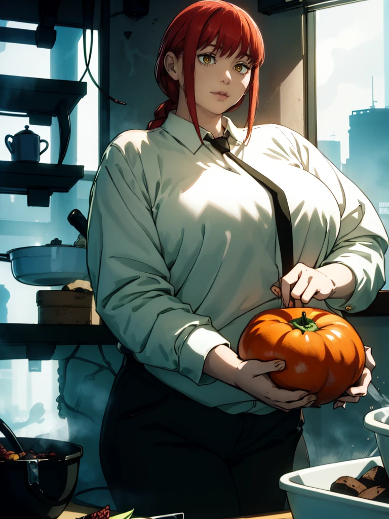 Le personnage Makima de la série animée Chainsaw Man, fragile, obésité morbide, ssbbw, pleine longueur (corps entier 1.1.), fond sombre, obscurité, anatomie correcte 1.1, anatomie correcte de la main, Très féminin, corps gras et rond, grosses Jambes, fesses, beau corps obèse, ventre rond et mou très gras, cheveux roux, Yeux oranges, Cercles rouges pour les écoliers, chemise blanche, jupe noire, cravate noire, pose sexy, réaliste, very détaillé, beau corps, détaillé body, détaillé hands, détaillé, vibrant, détaillé Face, Conception des personnages de Makima. very détaillé, détaillé body, détaillé hands, détaillé Face, Art animé, Hugh Détails, Visage très abattu, détaillé eyes, Illustration ultra fine, Meilleure ombre, détail fin, beautiful détaillé glow, beautiful détaillé, Extraordinairement beau, extremely détaillé, inexpressif, composition épique, Style animé. art animé, Style animé. Jupe noire, chemise blanche, cravatte, pose sexy, ventre énorme et rond, visage gras et gros et bouffi, double menton