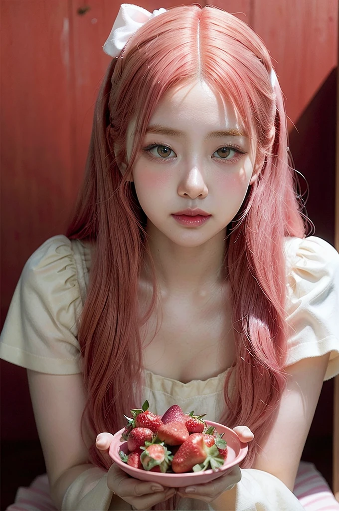 
araffe girl with pink hair sitting in a field of strawberries, belle delphine, red wig, anime girl cosplay, anime barbie doll, anime girl in real life, fairycore, beautiful anime style, curly pink hair, long flowing pink hair, pink and red color style, kawaii hair style, anime cosplay, beautiful pink little alien girl, with curly red hair Green eyes wearing a cute hair bow pink background 