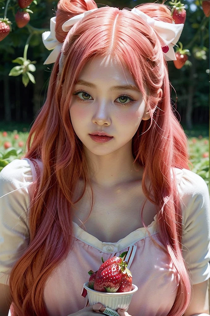 araffe girl with pink hair sitting in a field of strawberries, belle delphine, red wig, anime girl cosplay, anime barbie doll, anime girl in real life, fairycore, beautiful anime style, curly pink hair, long flowing pink hair, pink and red color style, kawaii hair style, anime cosplay, beautiful pink little alien girl, with curly red hair Green eyes wearing a cute hair bow pink background