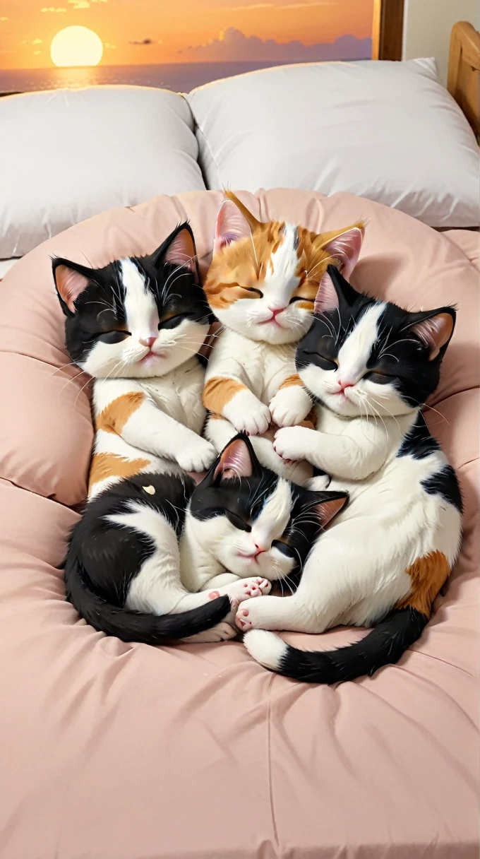 With the sunset in the background,(masterpiece:1.2, high quality), Five calico kittens sleeping together in bed、