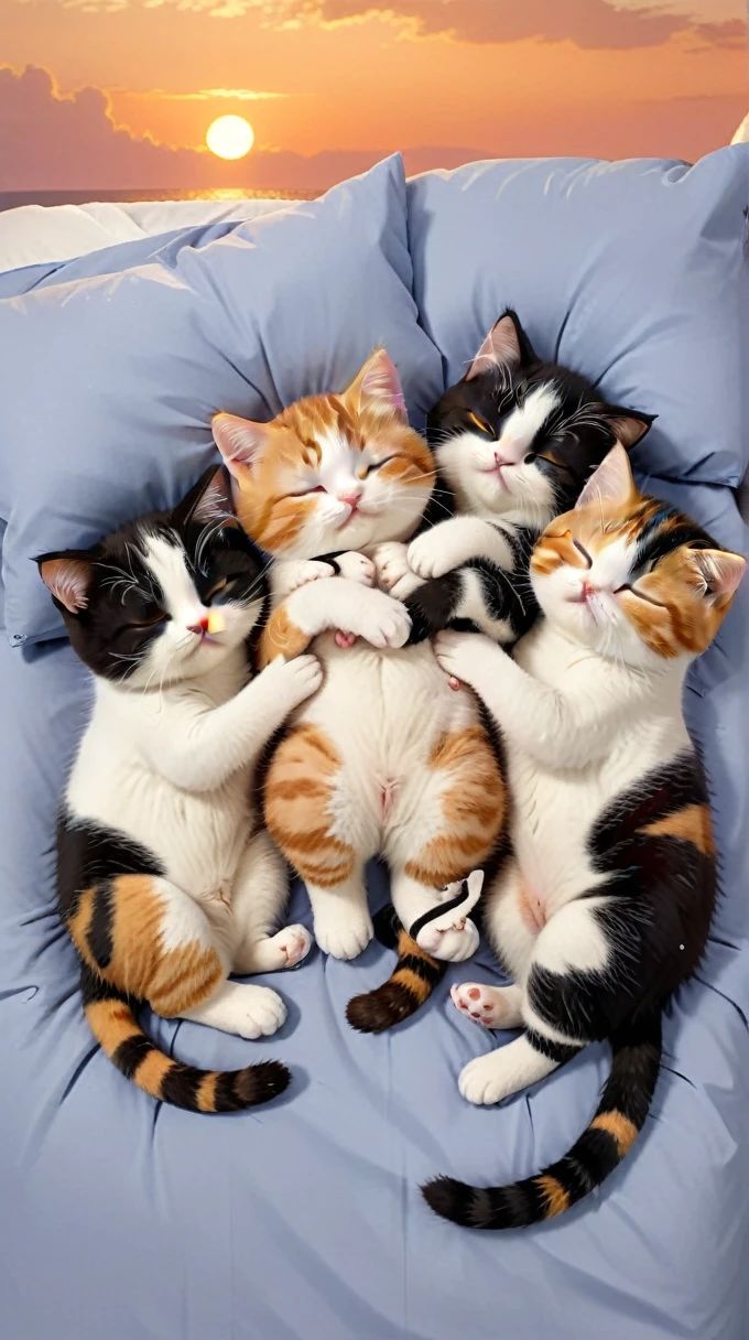 With the sunset in the background,(masterpiece:1.2, high quality), Five calico kittens sleeping together in bed、