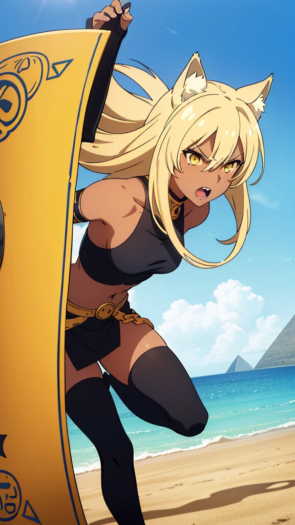 (1girl ,solo,20s,mature female),blonde hair,long hair,cat ears,yellow eyes,(((dark skin))),(Egypt, blue sky, sun),white egypt oufit,bare shoulders,looking at view,angry,open mouth, battle, battle pose, holding a shield